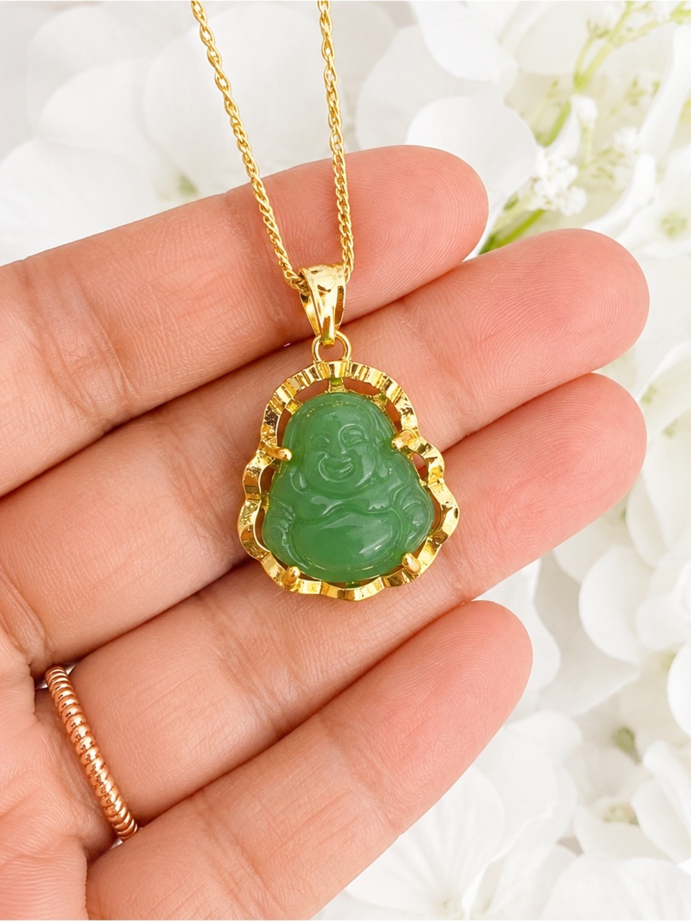 Gold-Plated Green Jade Buddha Pendant Necklace